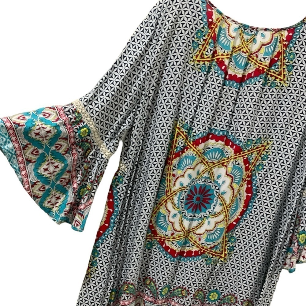 Umgee Medallion Tribal Print 3/4 Ruffle Sleeve Boho Dress Navy White Cream Aqua - Picture 5 of 7